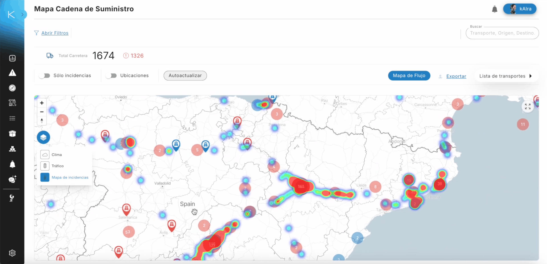 Mapa de cadena de suministro con incidencias de transporte en Kaira