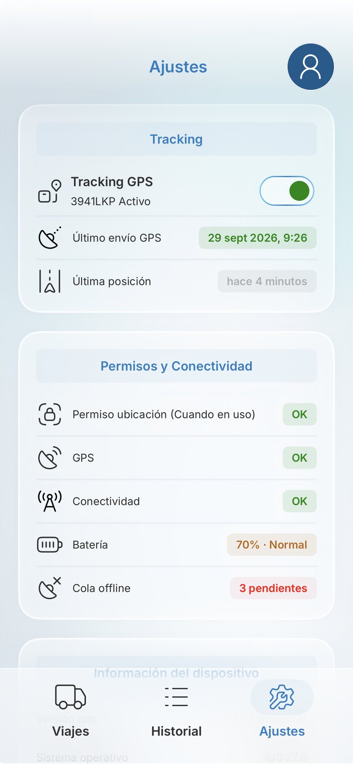 Ajustes de Kaira Driver, con el estado del tracking GPS, el ultimo envio, los permisos del movil, la bateria y la cola offline