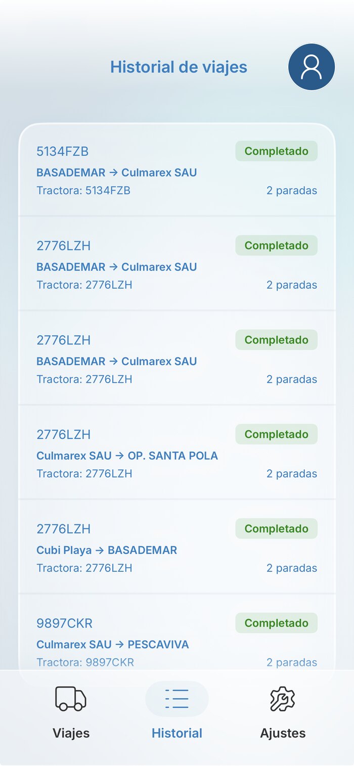 Historial de viajes en Kaira Driver, con cada viaje completado, su matricula, origen, destino y numero de paradas