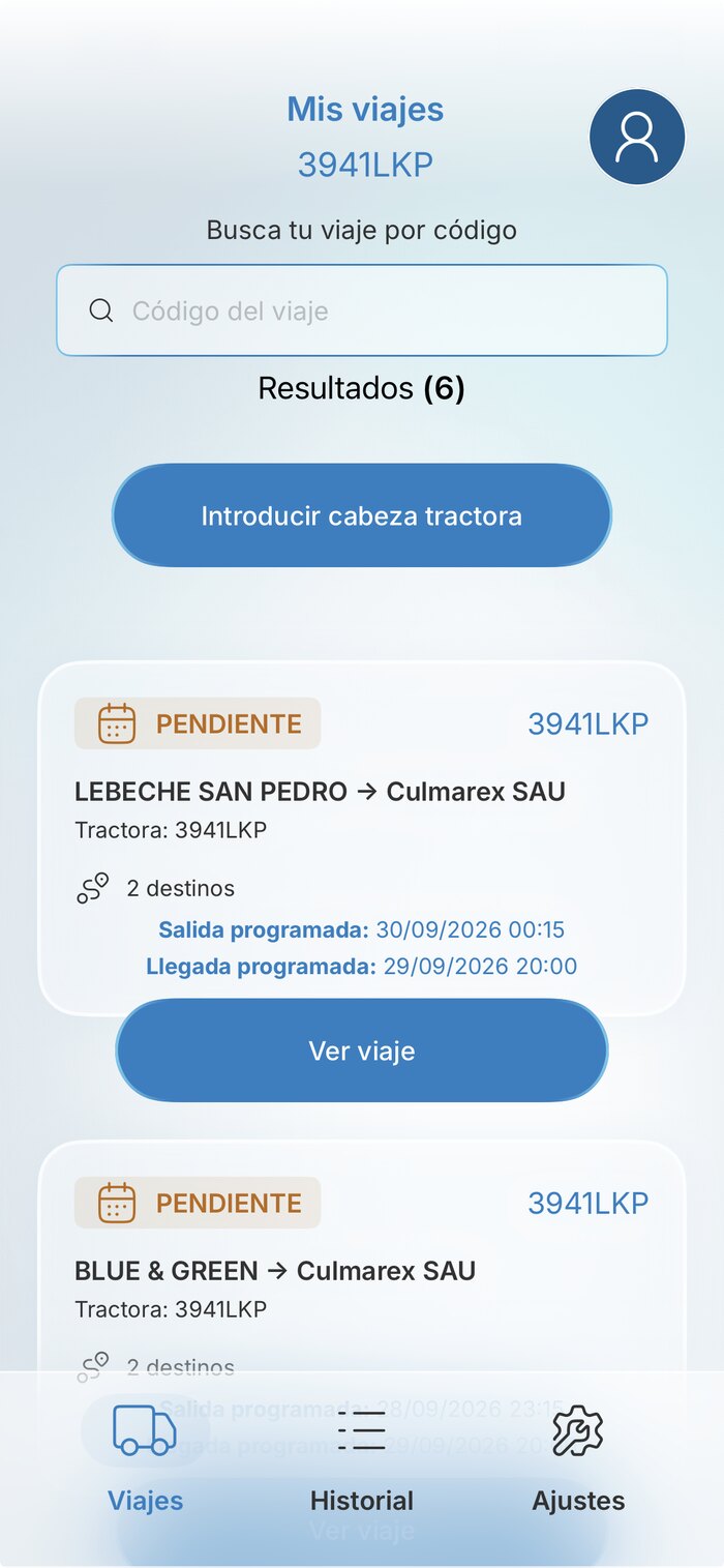Pantalla Mis viajes de la app Kaira Driver, con los viajes pendientes del conductor, matricula, destinos y horarios programados