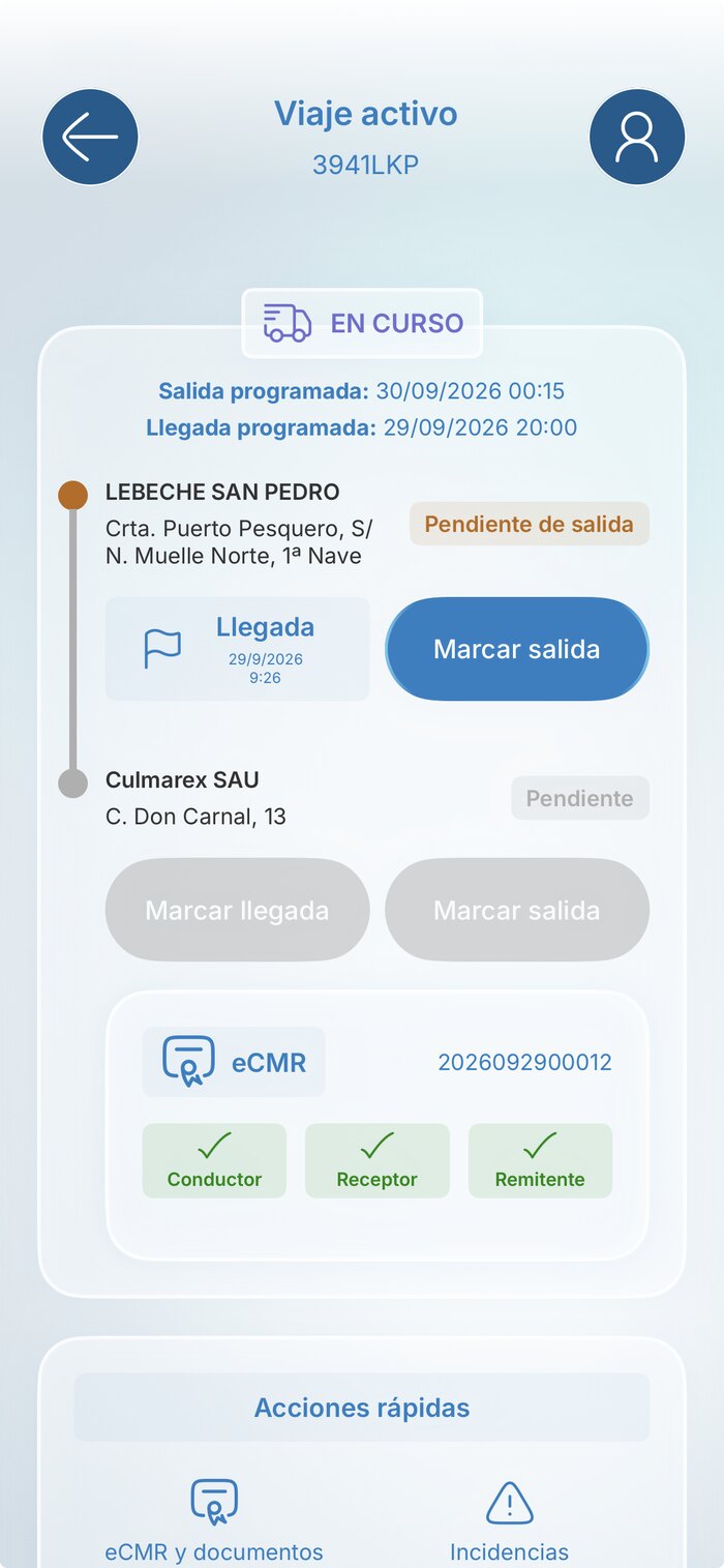 Pantalla de viaje activo en Kaira Driver, con marcar llegada y salida en cada parada, el eCMR firmado y las acciones rapidas